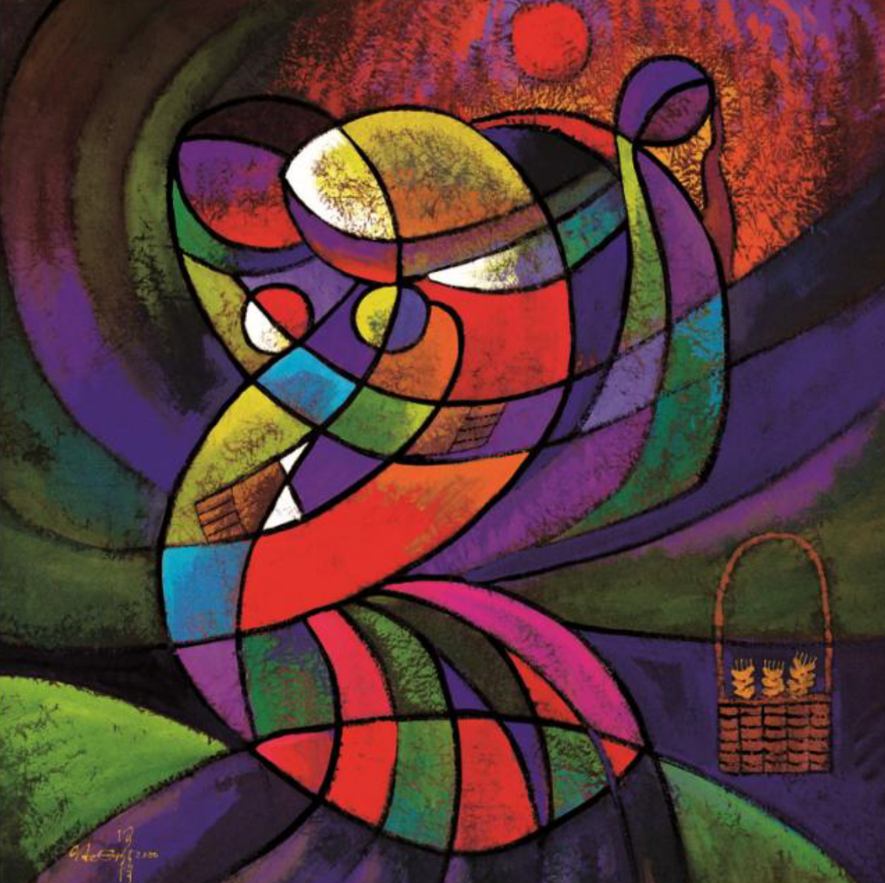 Ruth and Naomi by He Qi - a colorful mass of shapes embracing each other
