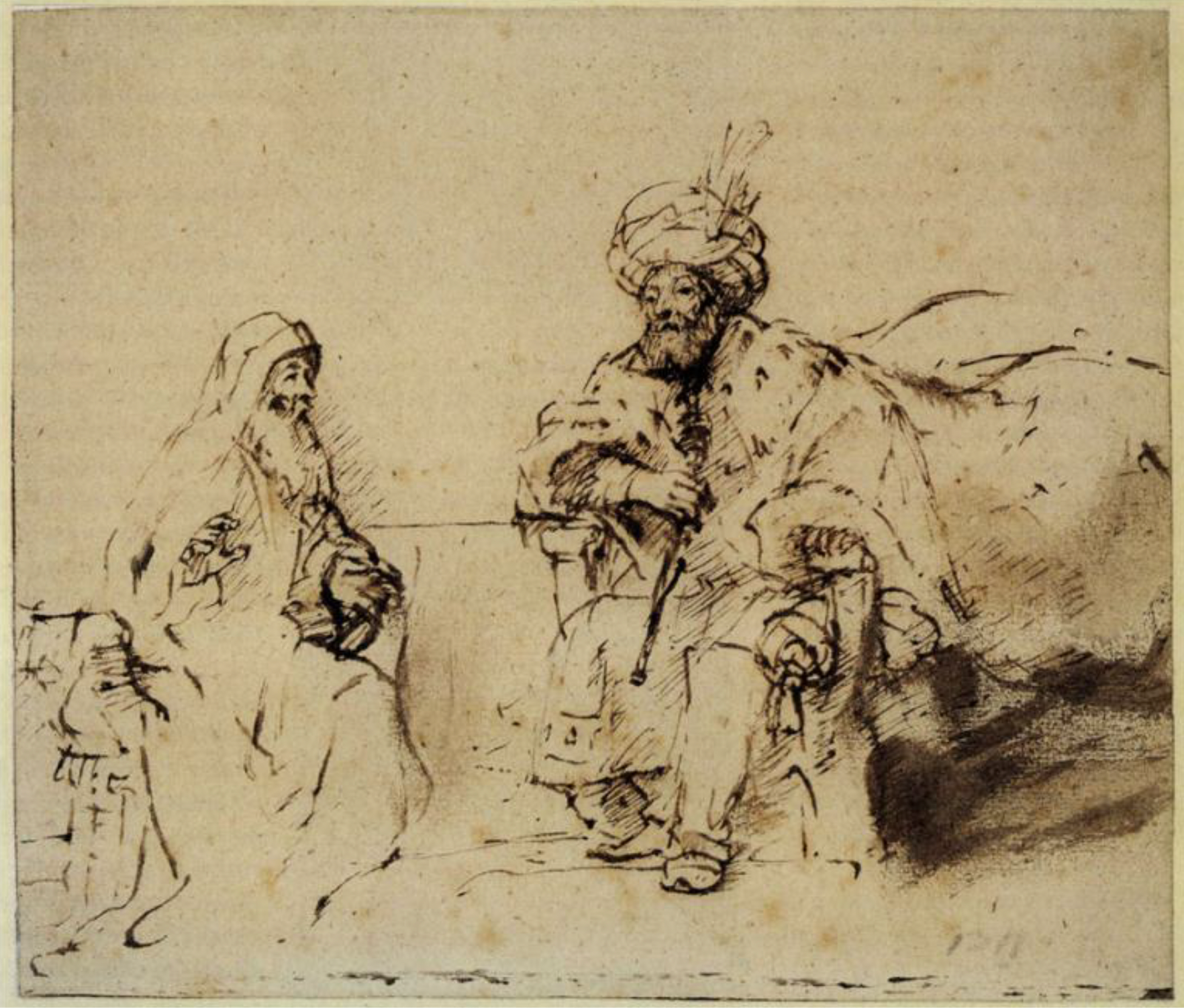 Nathan Admonishing Dave, Rembrandt (1606-1669), reed-pen and bistre wash, c. 1654-55