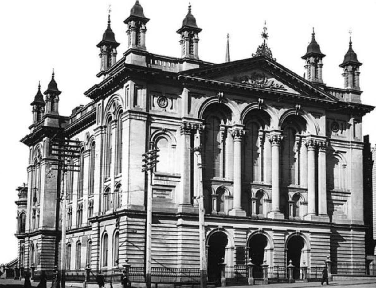 An old time photo of Calvary Presbyterian Church on Bush Street, 1869