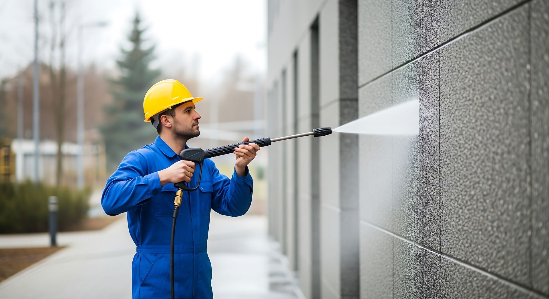 Man using a pressure washer on a building for professional building exterior pressure washing. Man using a pressure washer on a building for professional building exterior pressure washing.