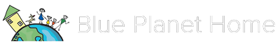 Blue Planet Home logo with a cartoon globe, house, tree, and people on a pale background