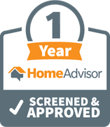 1 Year HomeAdvisor screened & approved badge, orange and gray with checkmark