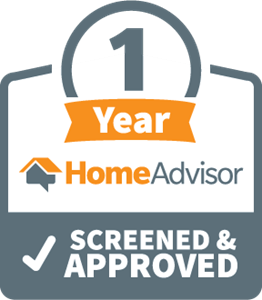1 Year HomeAdvisor screened & approved badge, orange and gray with checkmark