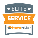 HomeAdvisor Elite Service badge with gray, orange, and white shield design