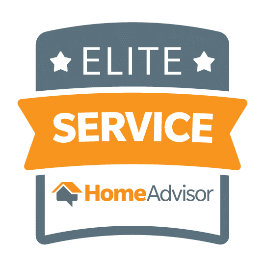 HomeAdvisor Elite Service badge with gray, orange, and white shield design