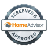 HomeAdvisor screened and approved badge with gray seal and orange-gray logo