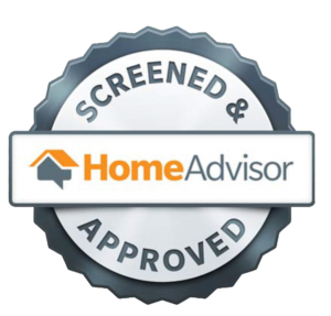 HomeAdvisor screened and approved badge with gray seal and orange-gray logo