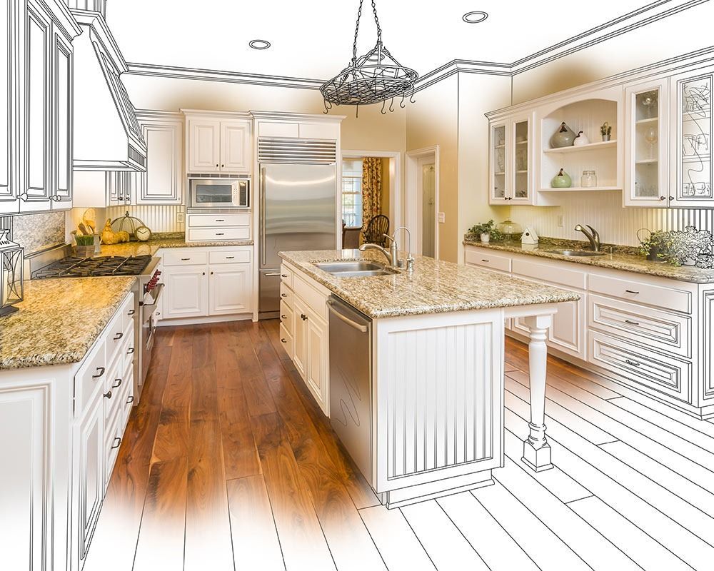 Bright modern kitchen with white cabinets, granite island, hardwood floor, and stainless steel appliances