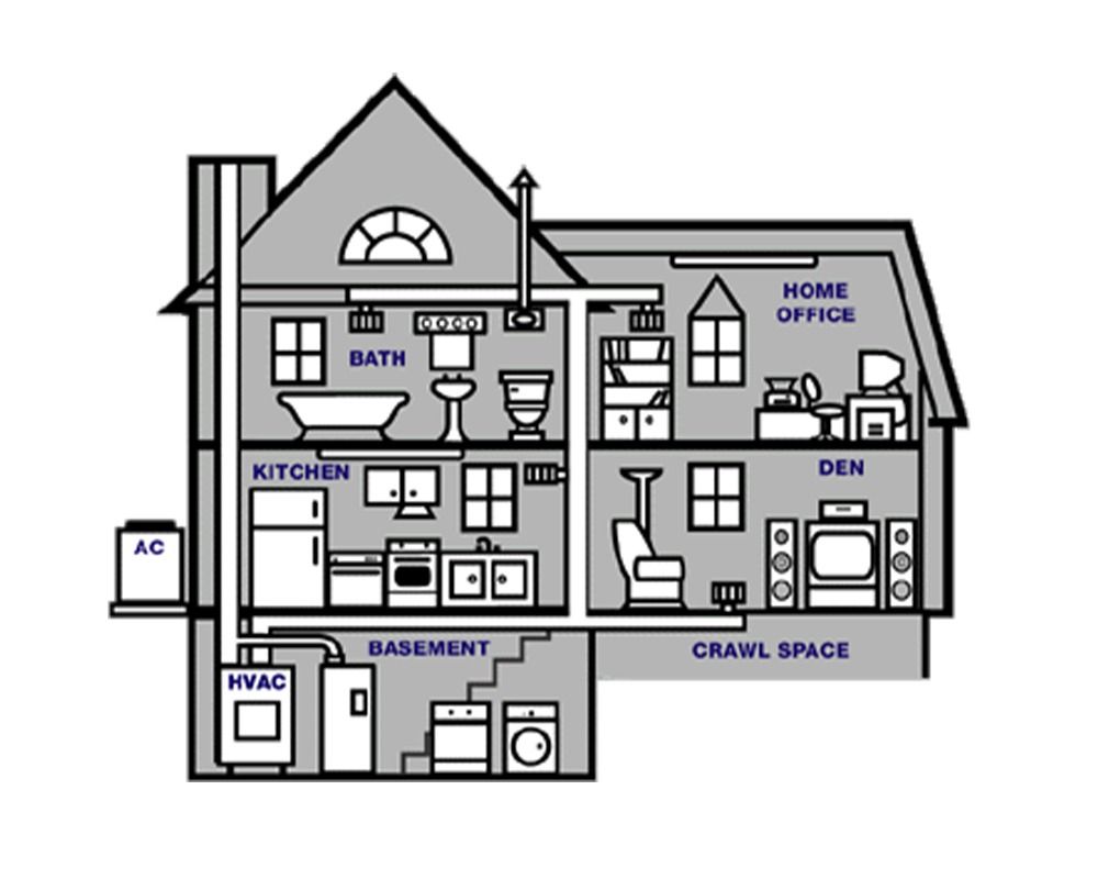 Black-and-white house floor plan showing kitchen, bath, home office, den, basement, and crawl space.