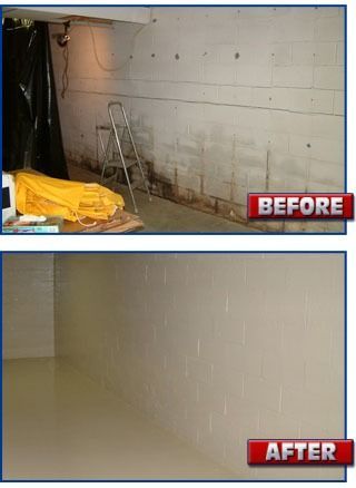 Before-and-after of a basement wall cleanup: cluttered, stained wall versus clean beige wall.