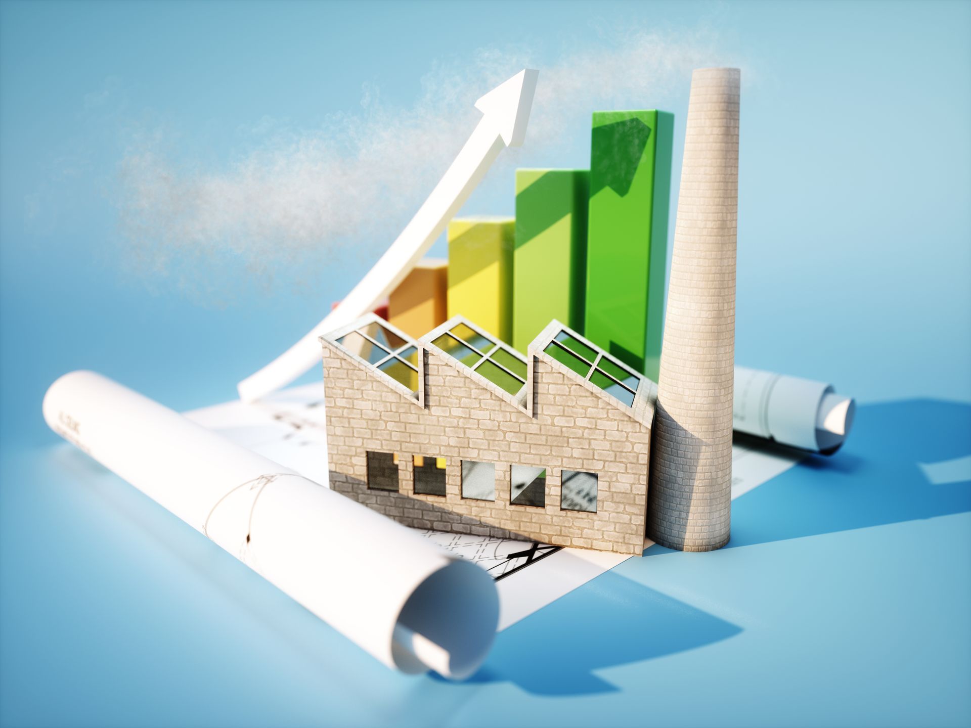 A 3d rendering of a factory with a graph on top of it.