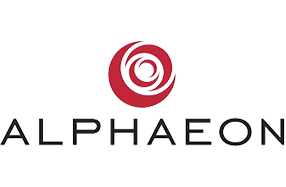 ALPHAEON logo with a red circular swirl icon above black wordmark