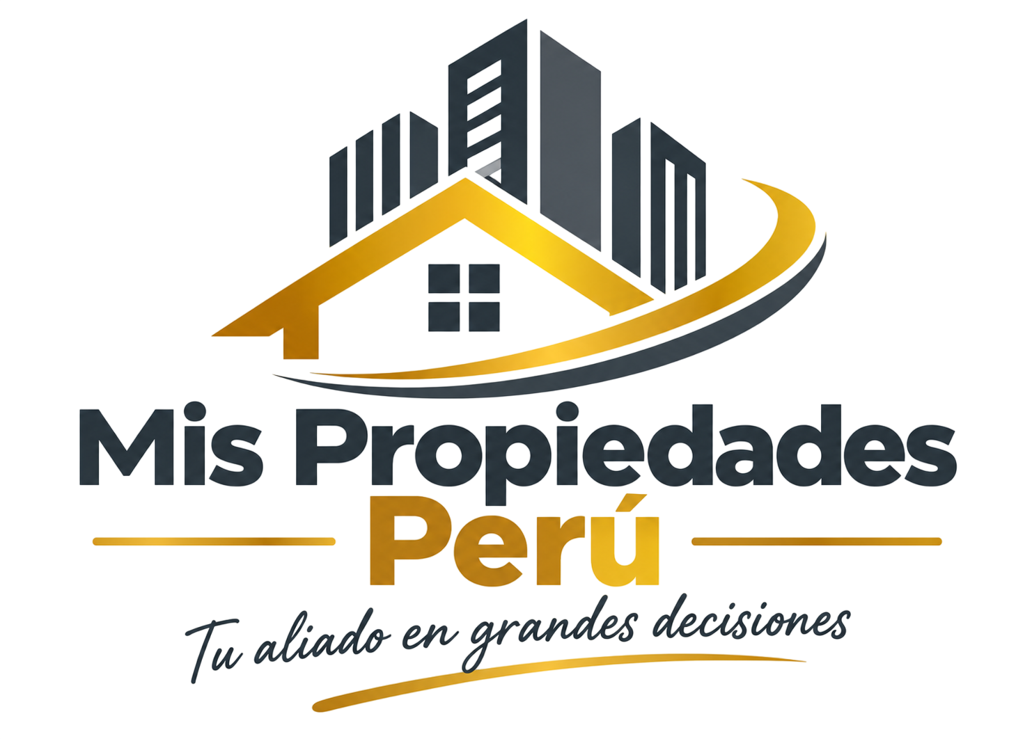 Logo de Mis Propiedades Perú con una casa y edificios en gris y dorado, y el lema “Tu aliado en grandes decisiones”.