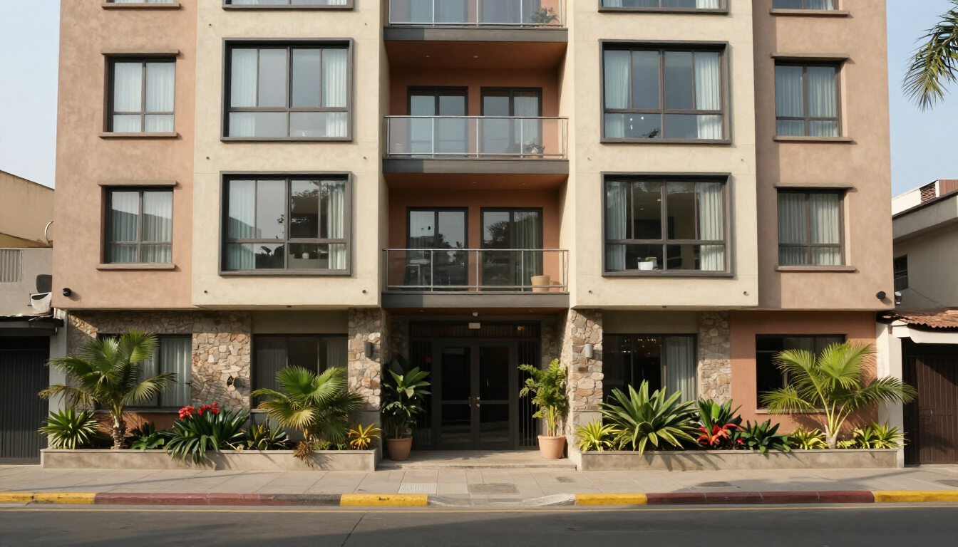 Fachada de un moderno edificio de apartamentos con balcones, grandes ventanales y una entrada ajardinada junto a la calle