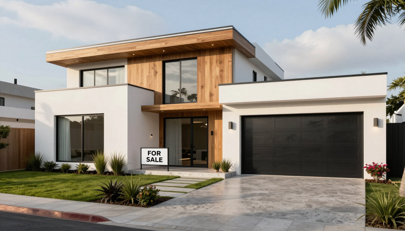 Casa moderna de dos plantas, con exterior en blanco y madera, puerta de garaje negra y jardín delantero ajardinado