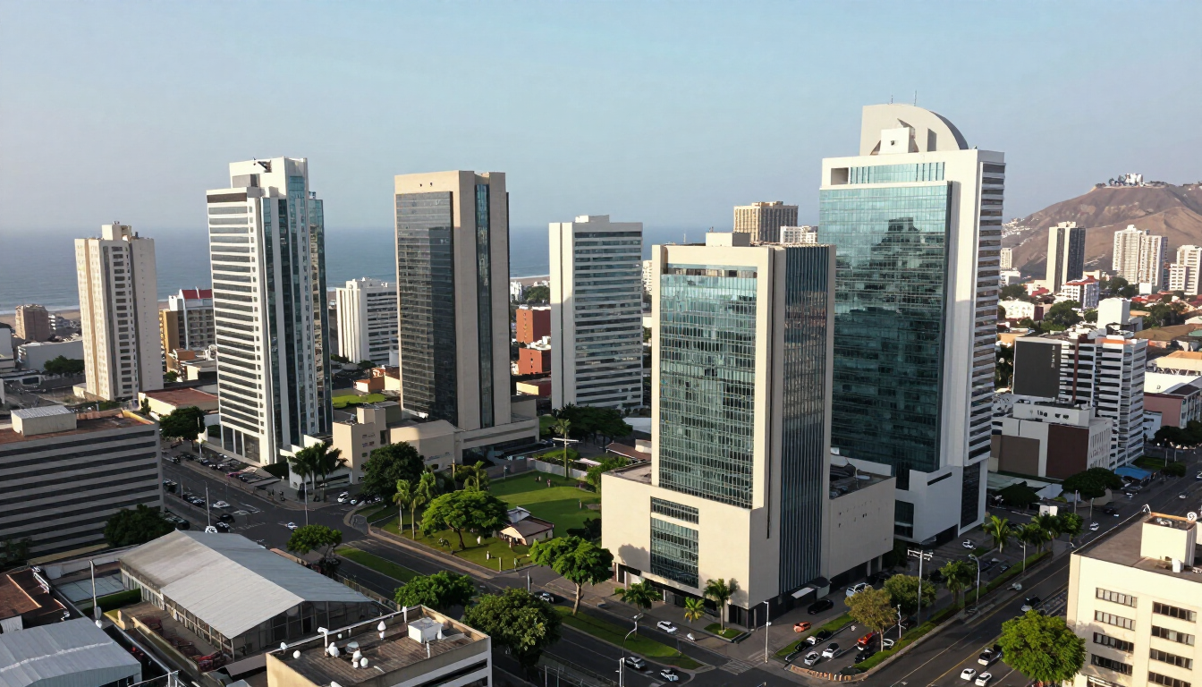 Un moderno perfil urbano con rascacielos de oficinas a lo largo de una concurrida calle de la ciudad bajo un cielo despejado