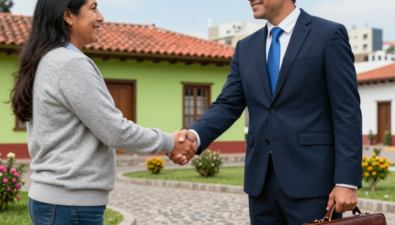 Dos personas estrechándose la mano frente a una casa, una con traje y la otra con ropa informal.
