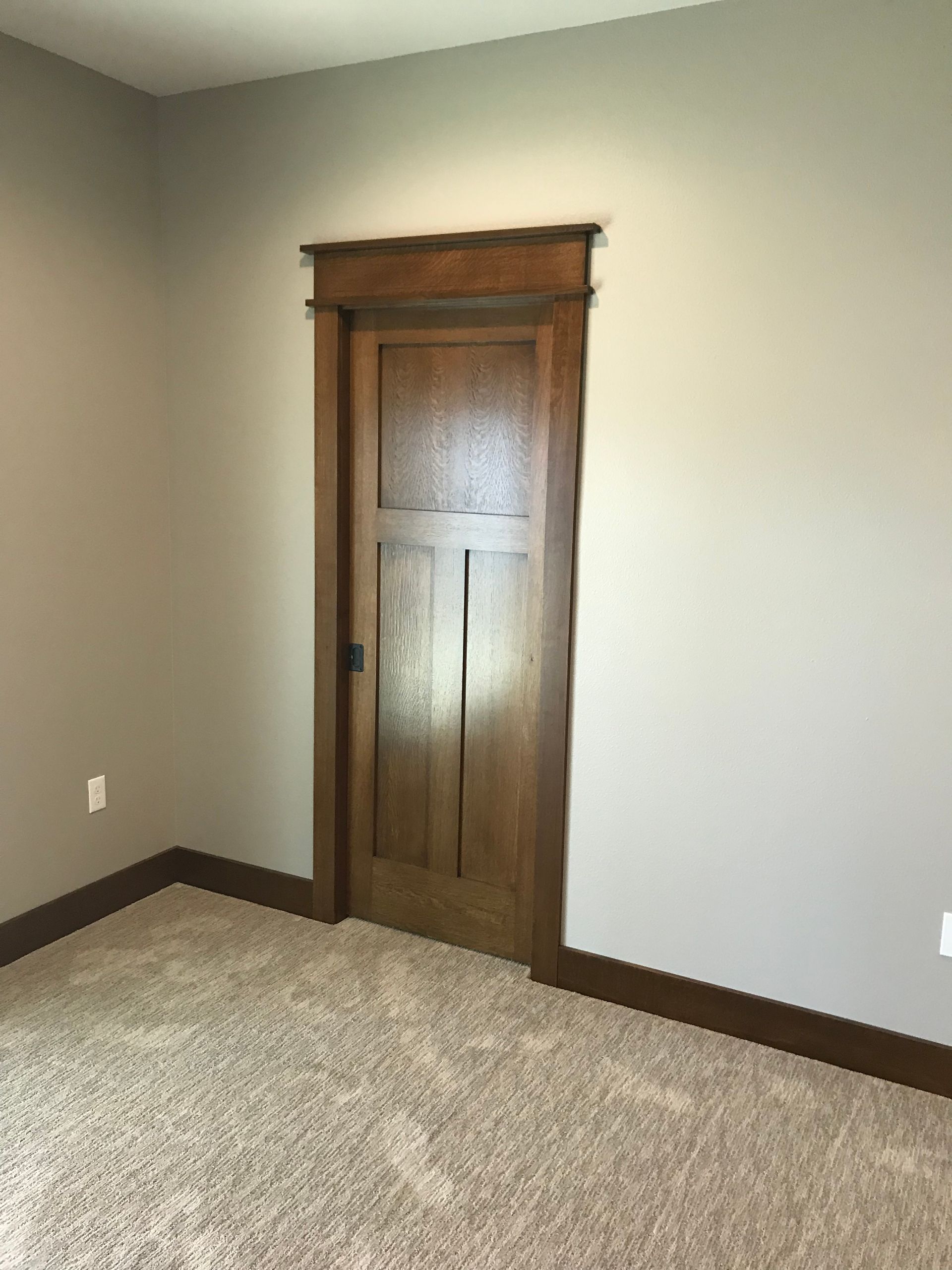 Empty beige bedroom corner with a dark wood door and carpeted floor