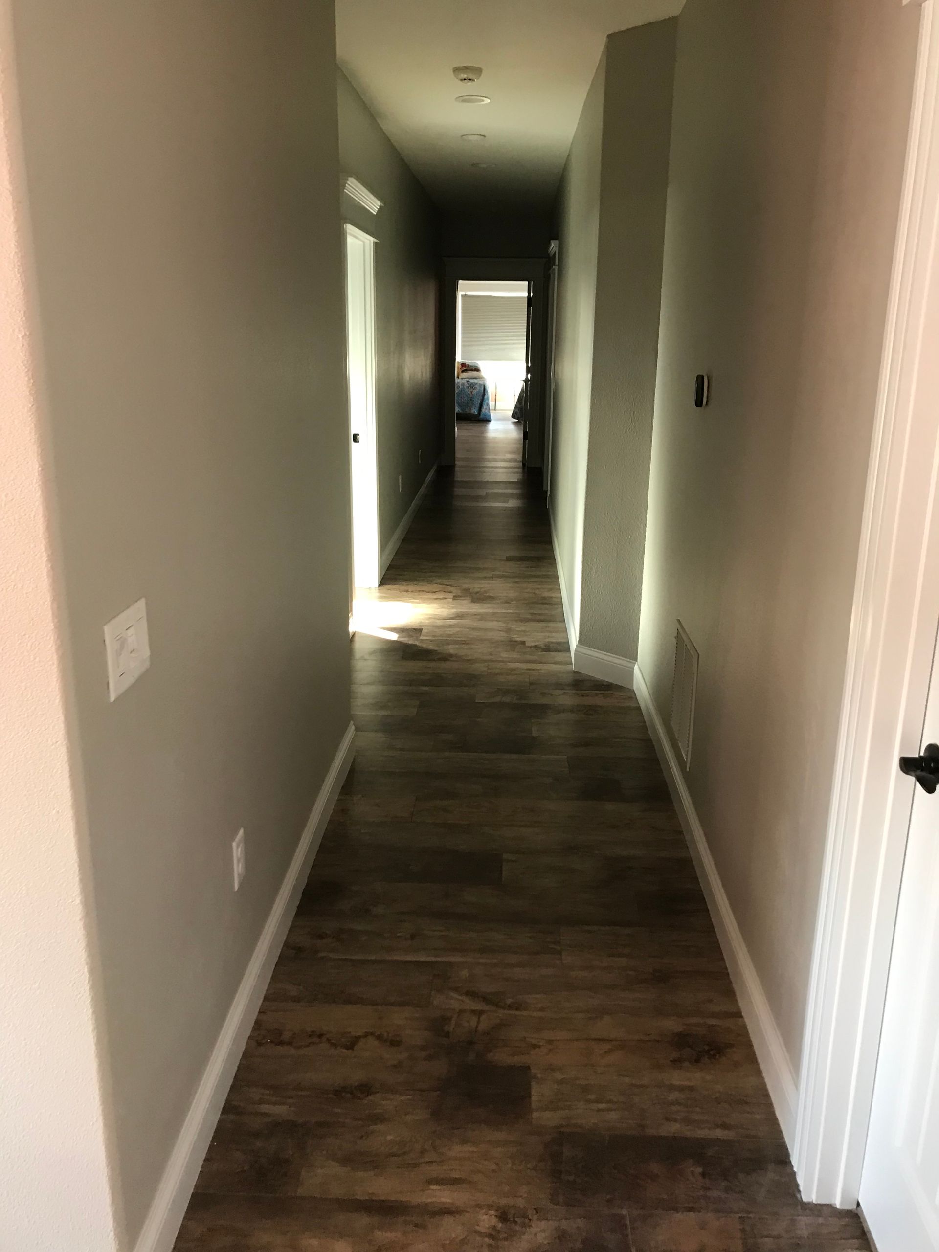 Long hallway with beige walls, white doors, and dark wood flooring, lit by daylight at the far end