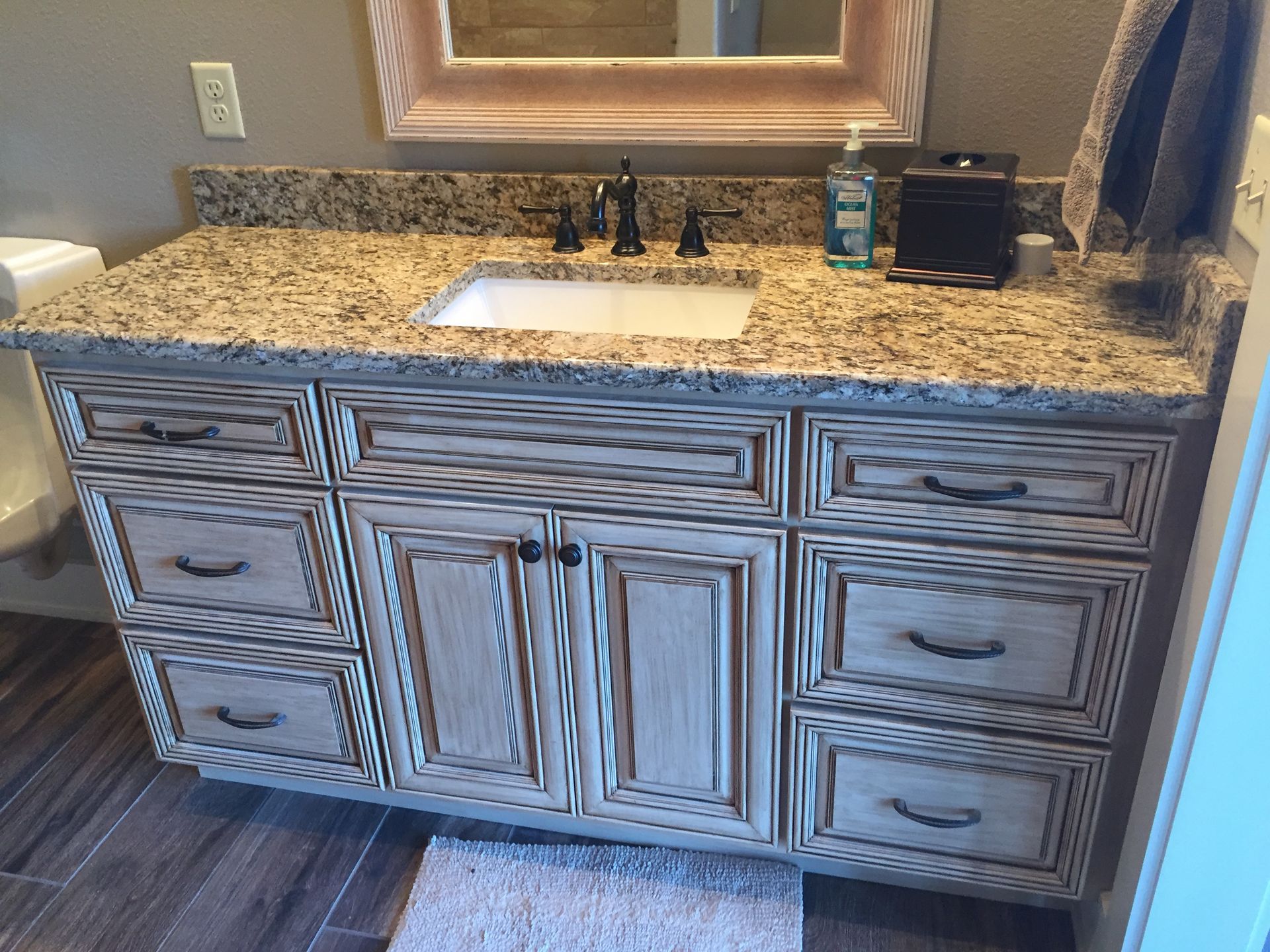Bathroom vanity with granite countertop, white sink, and zebra-pattern cabinet doors under a mirror.