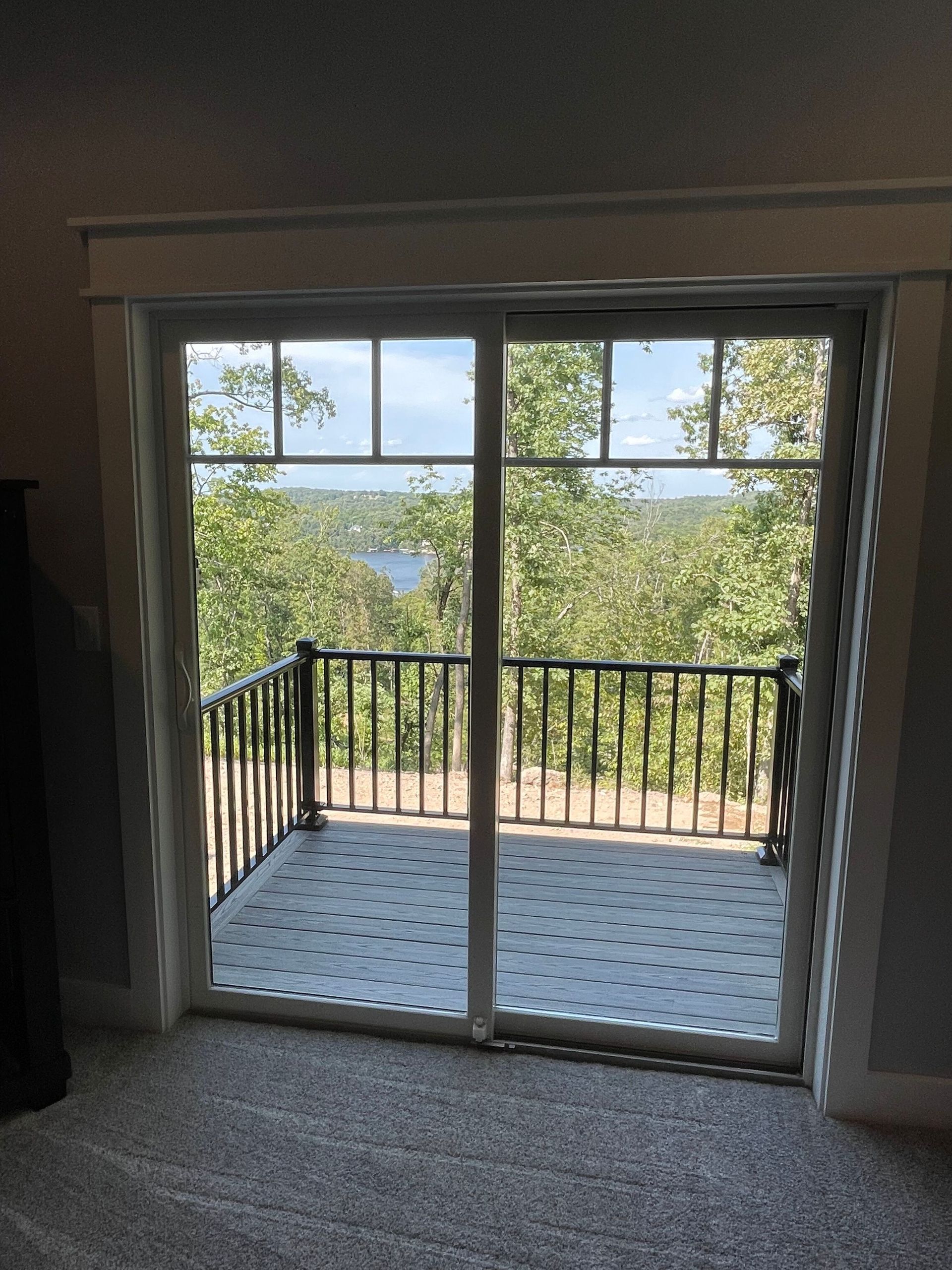 Sliding glass doors open to a balcony with black railing and a view of trees and water.