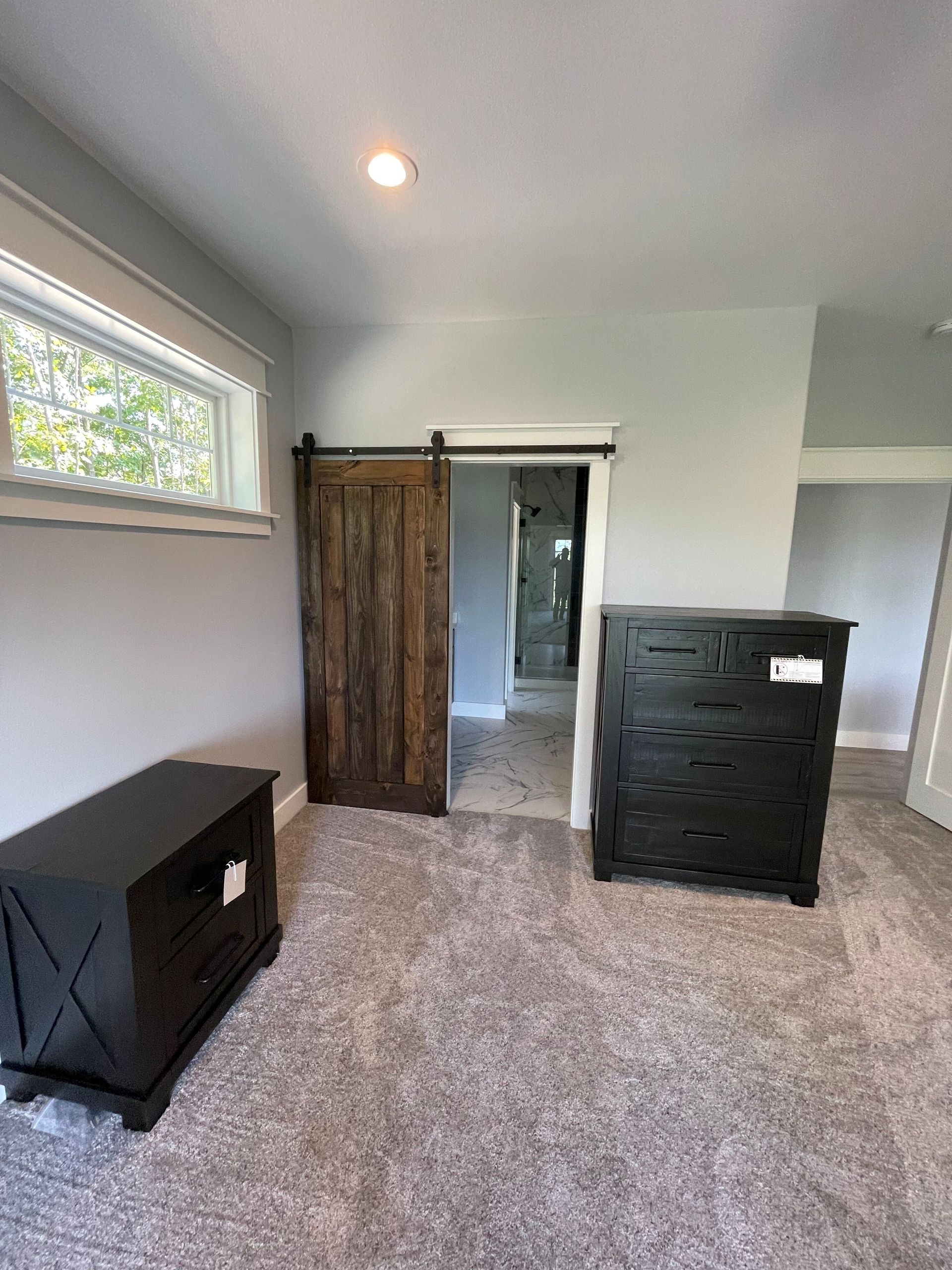 Empty bedroom with carpet, window, barn door, and dresser under a ceiling light
