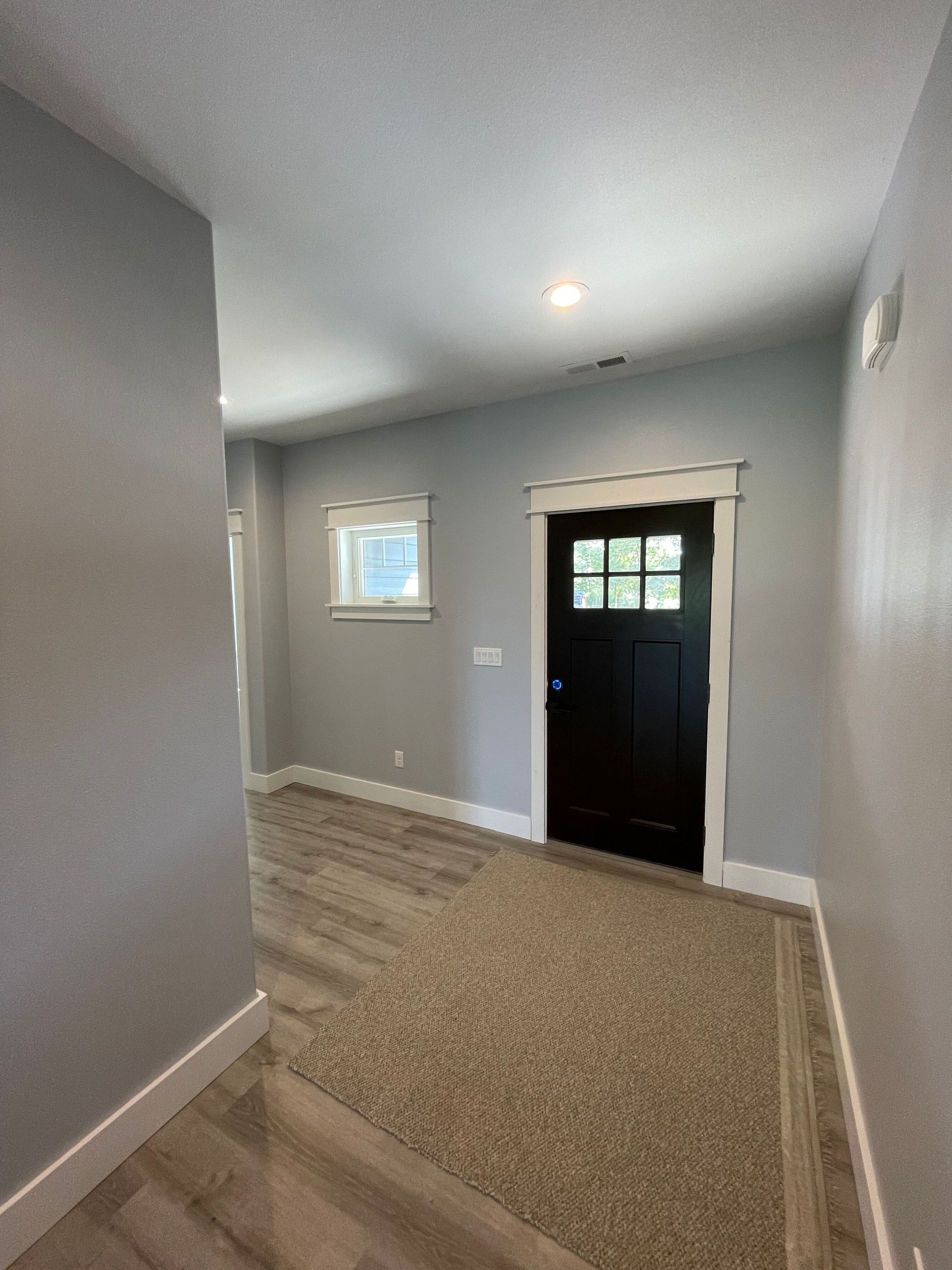 Empty entryway with gray walls, wood and carpet flooring, and a black front door with a small window.