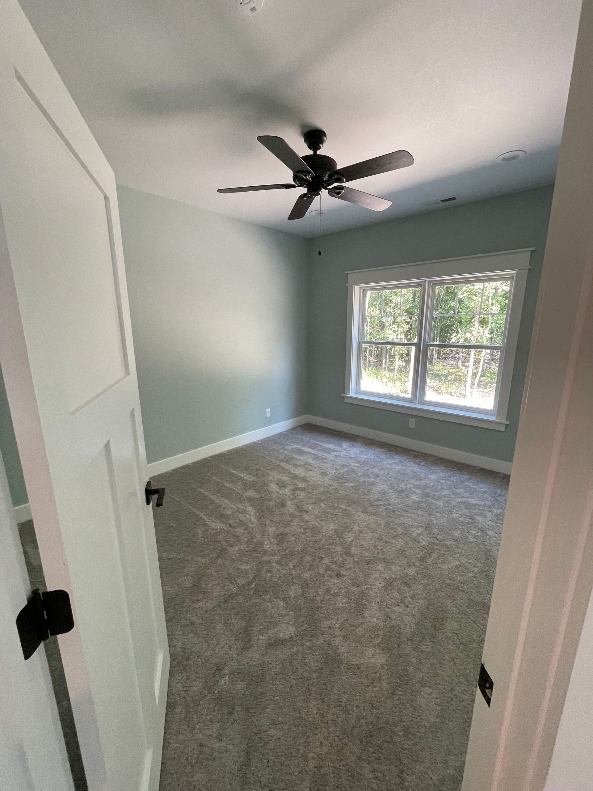 Empty gray bedroom with carpet, ceiling fan, and a window letting in daylight.