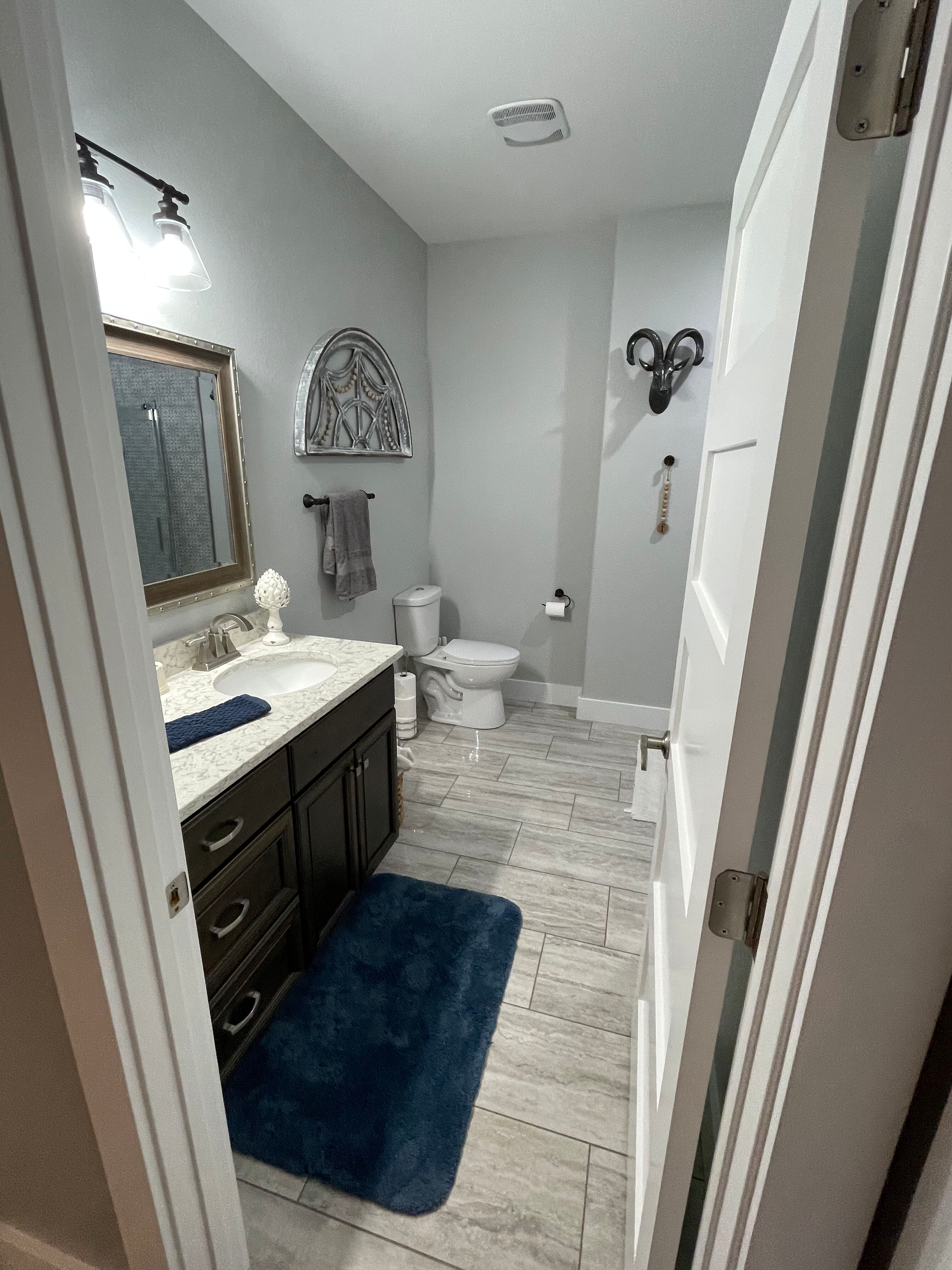 Narrow bathroom with gray walls, dark vanity, blue rug, mirror, toilet, and shower curtain.