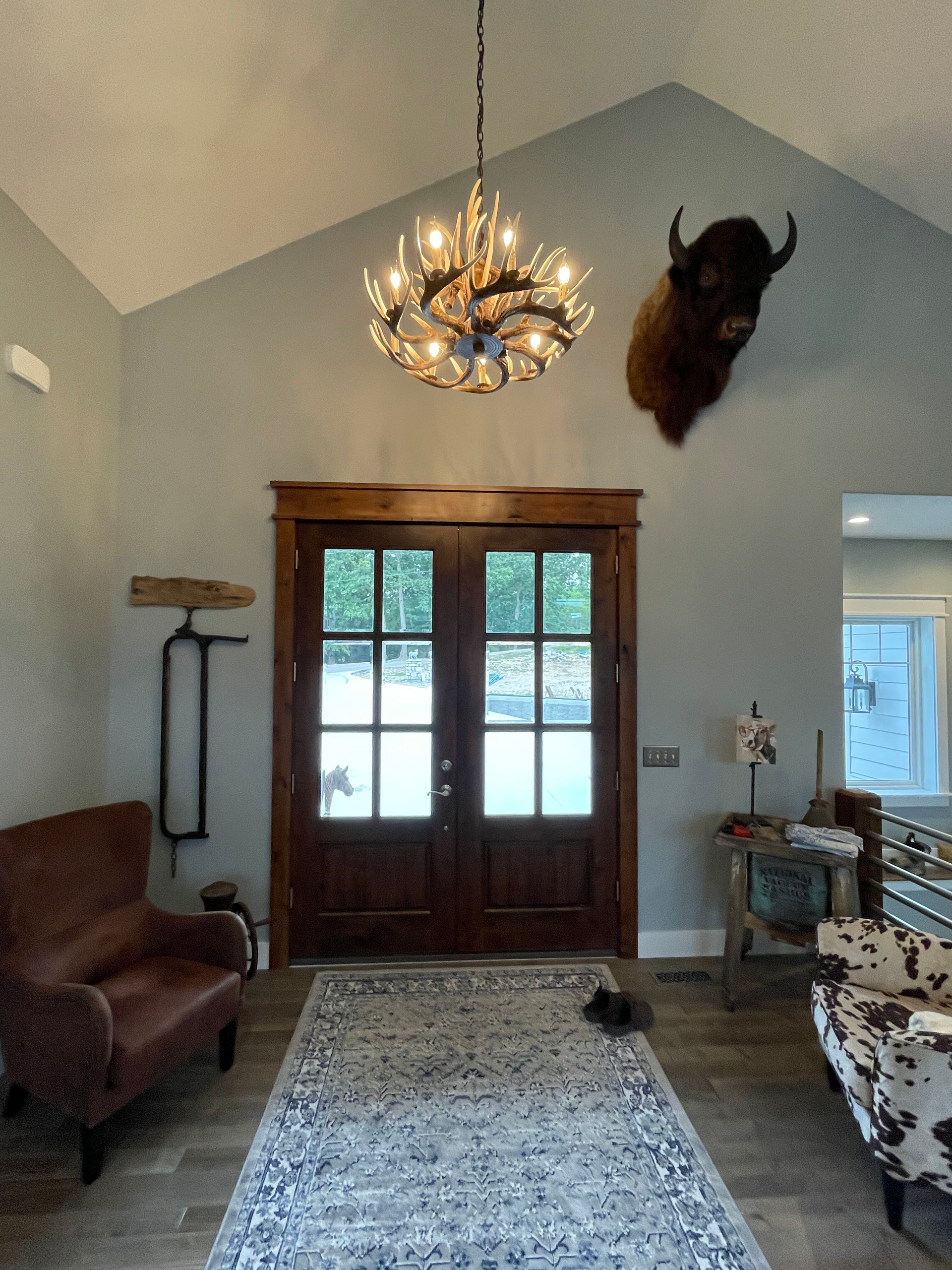 Cozy living room with double glass doors, chandelier, rug, armchair, and mounted buffalo head on the wall
