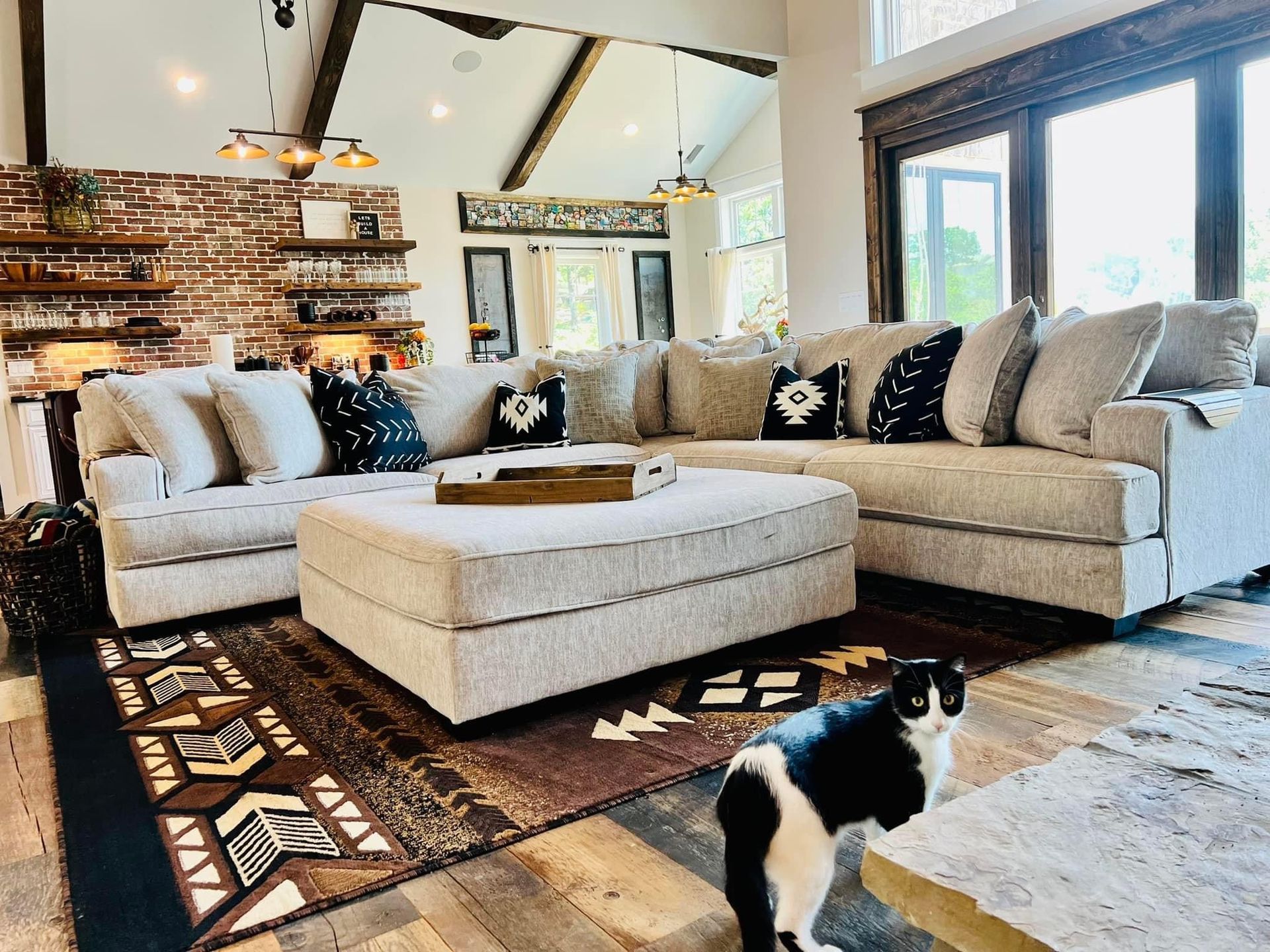 Bright living room with beige sofa, ottoman, rug, fireplace, and a black-and-white dog standing on the floor.