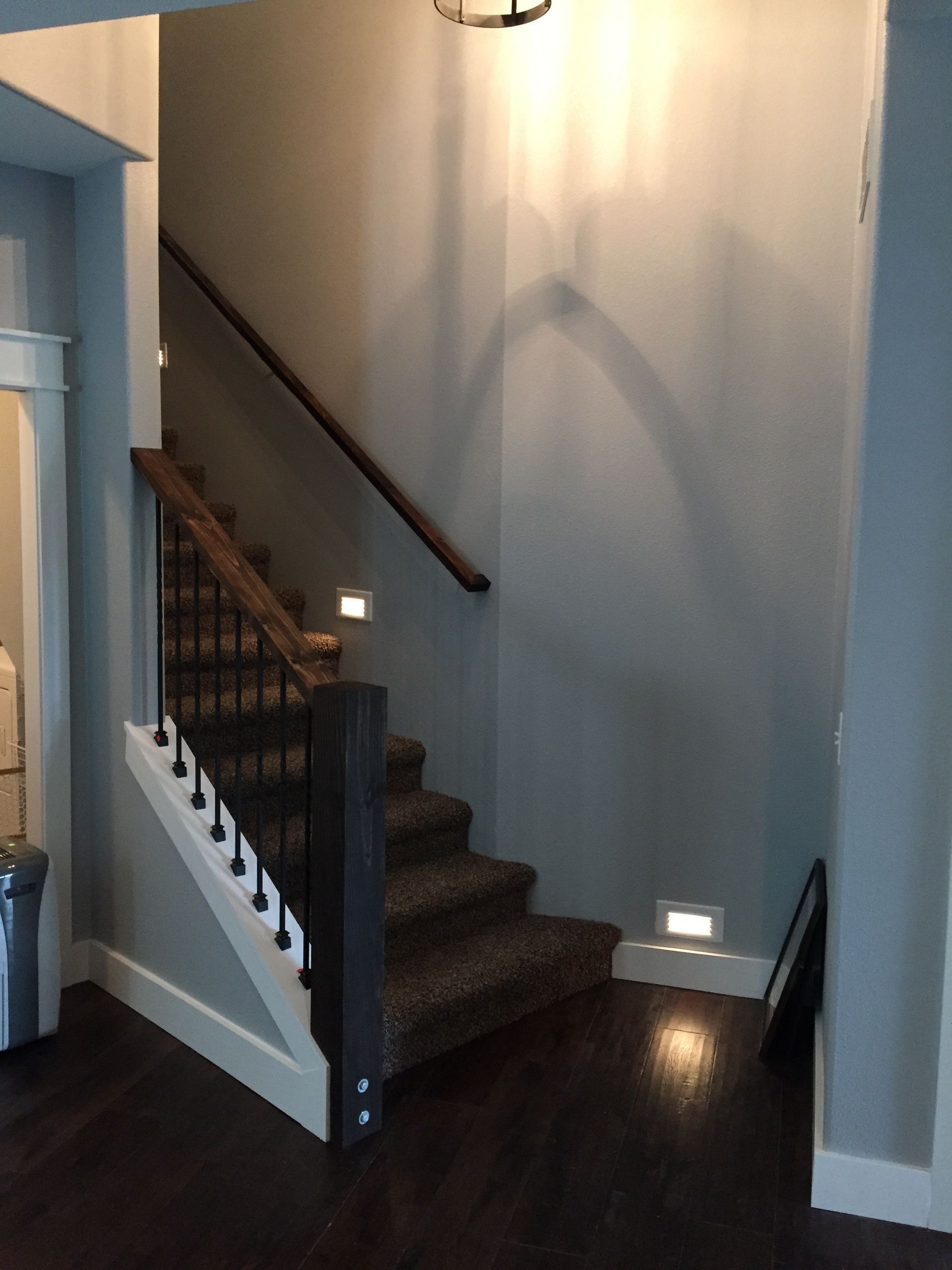 Indoor staircase with dark carpeted steps, white railing, and wall sconces against gray walls.