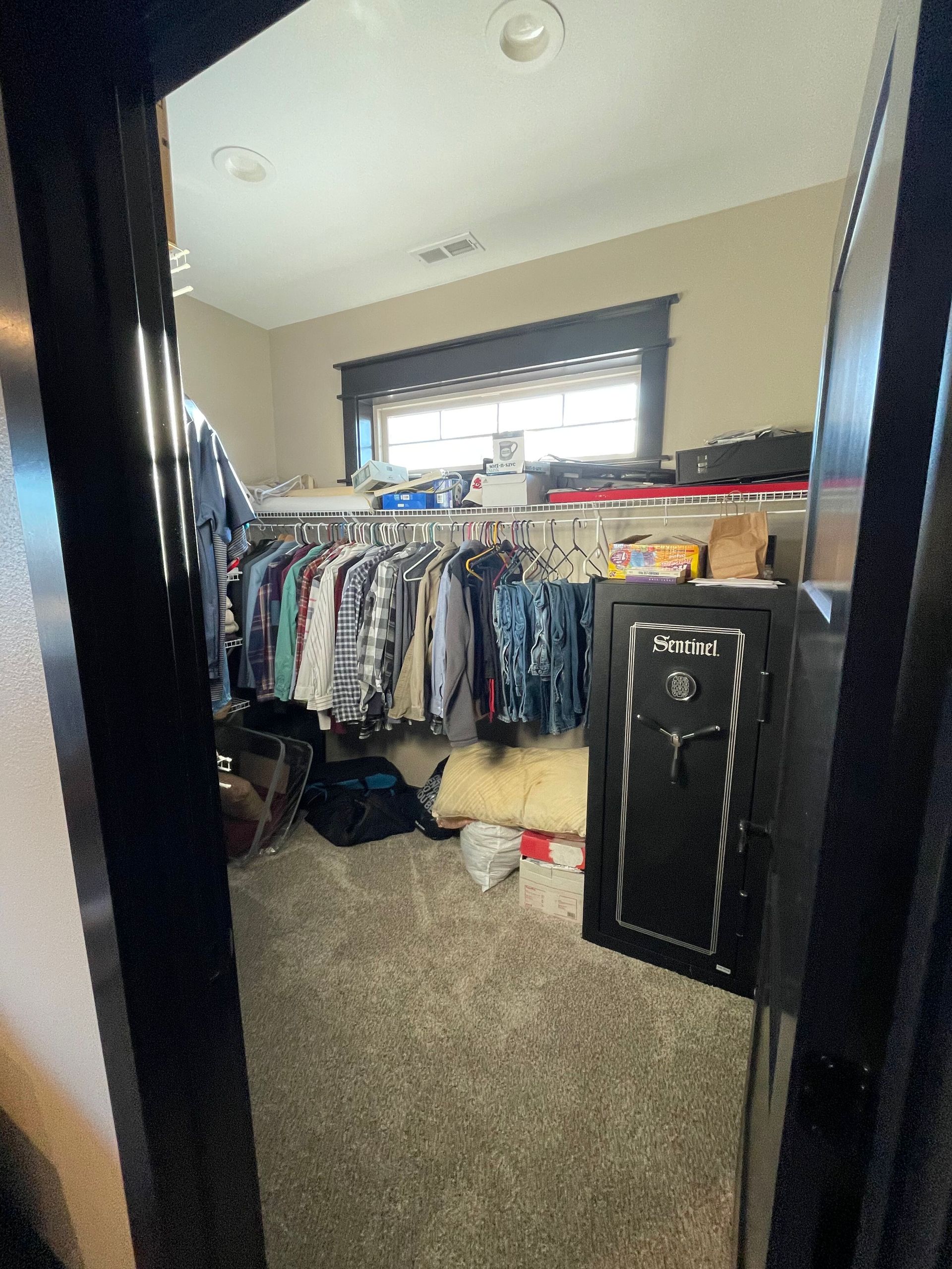 Walk-in closet with hanging clothes, black dresser, carpet, and window light
