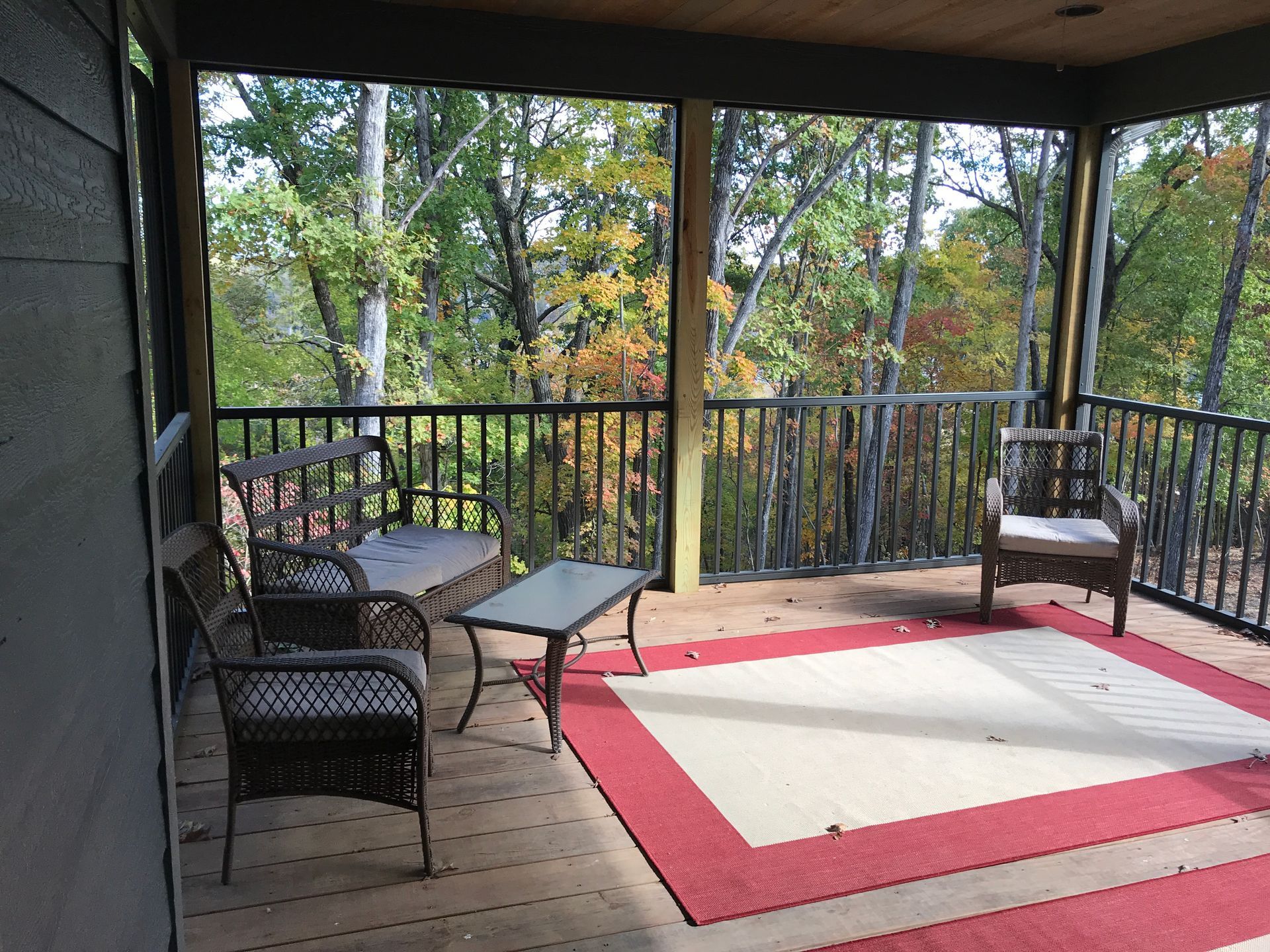 Covered deck with wicker chairs and red-bordered rug overlooking trees.