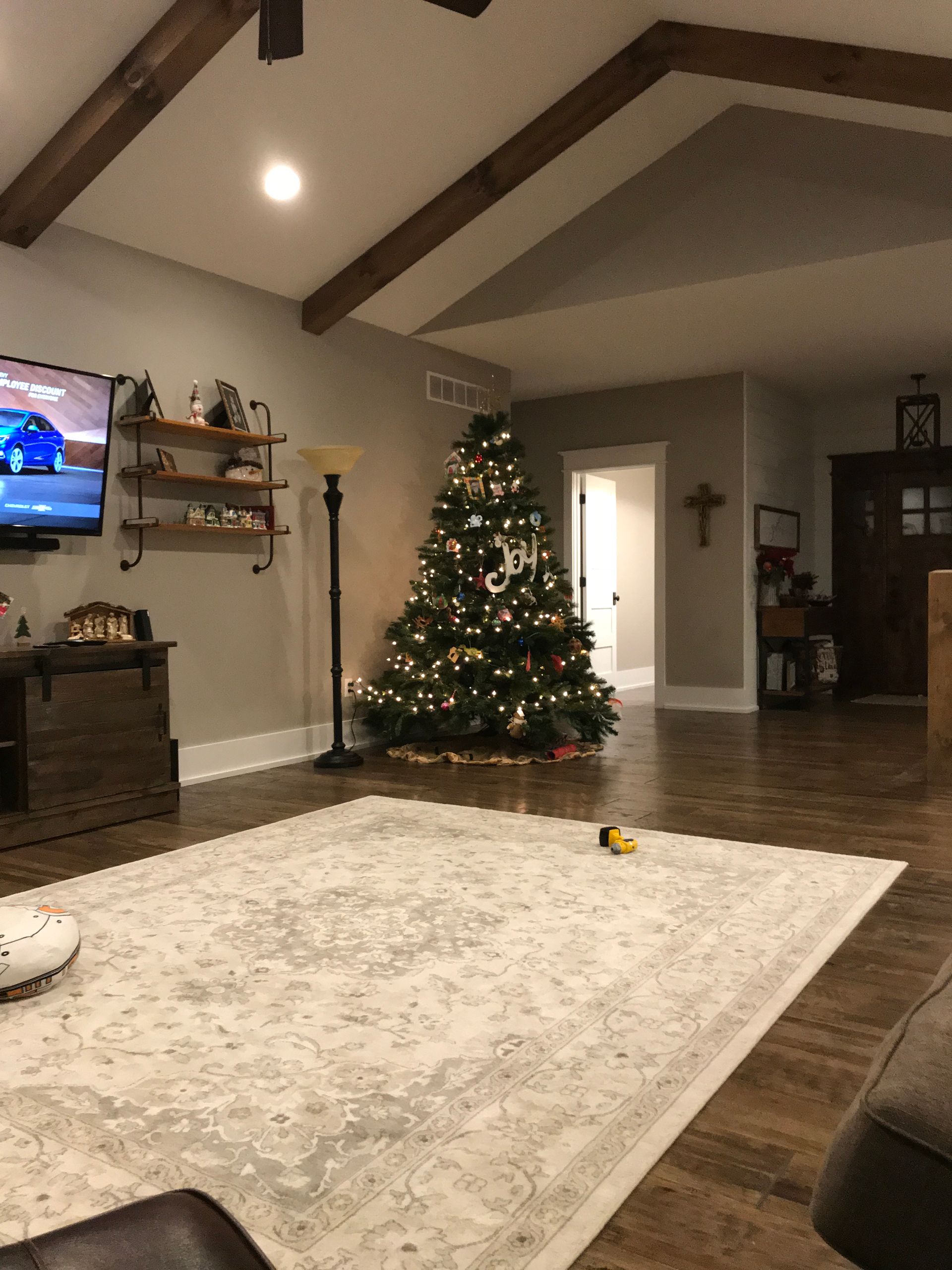 Living room with a lit Christmas tree, large rug, TV on the wall, and hardwood floors