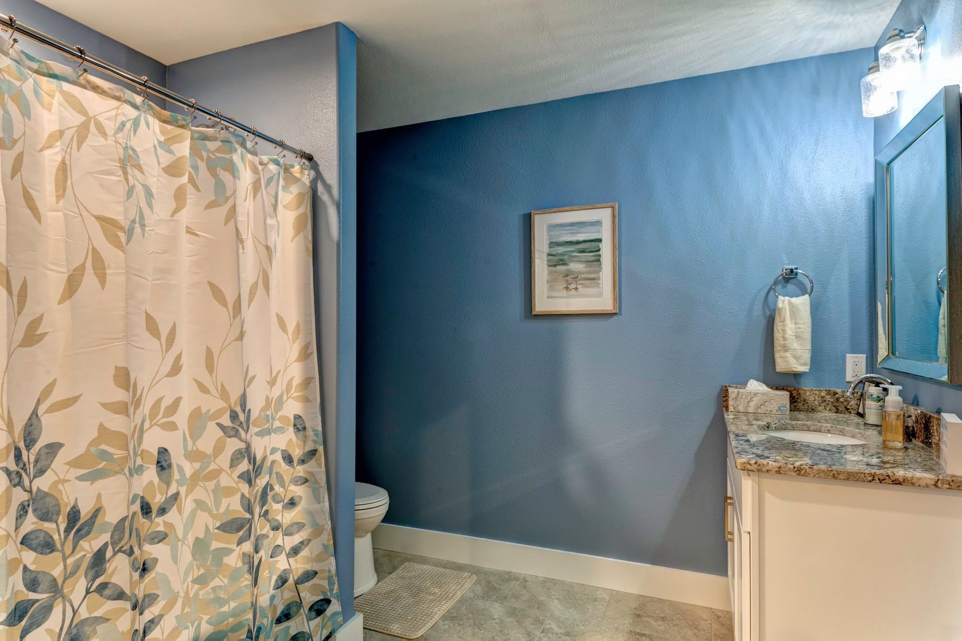 Blue bathroom with floral shower curtain, granite vanity, mirror, and framed wall art