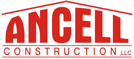 Red and white ANCELL Construction, LLC logo