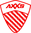 A red and white shield with the word Axxs on it
