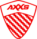 A red and white shield with the word Axxs on it