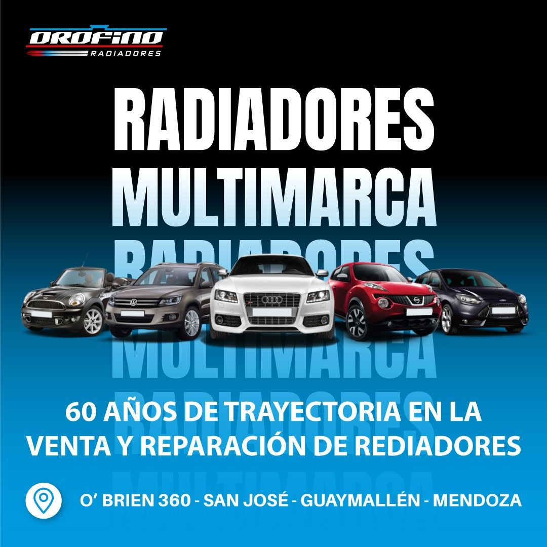 Publicidad de radiadores multimarca con autos y texto sobre venta y reparación en San José, Guaymallén, Mendoza
