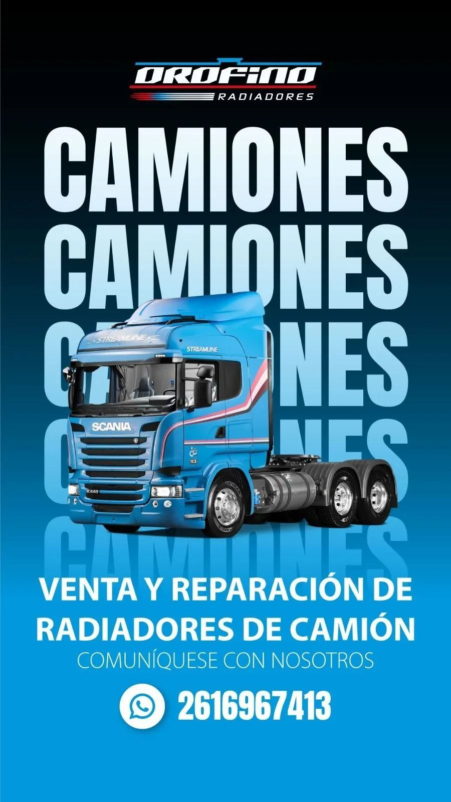 Anuncio azul de servicio de camiones: venta y reparación de radiadores, con un camión y teléfono de contacto.