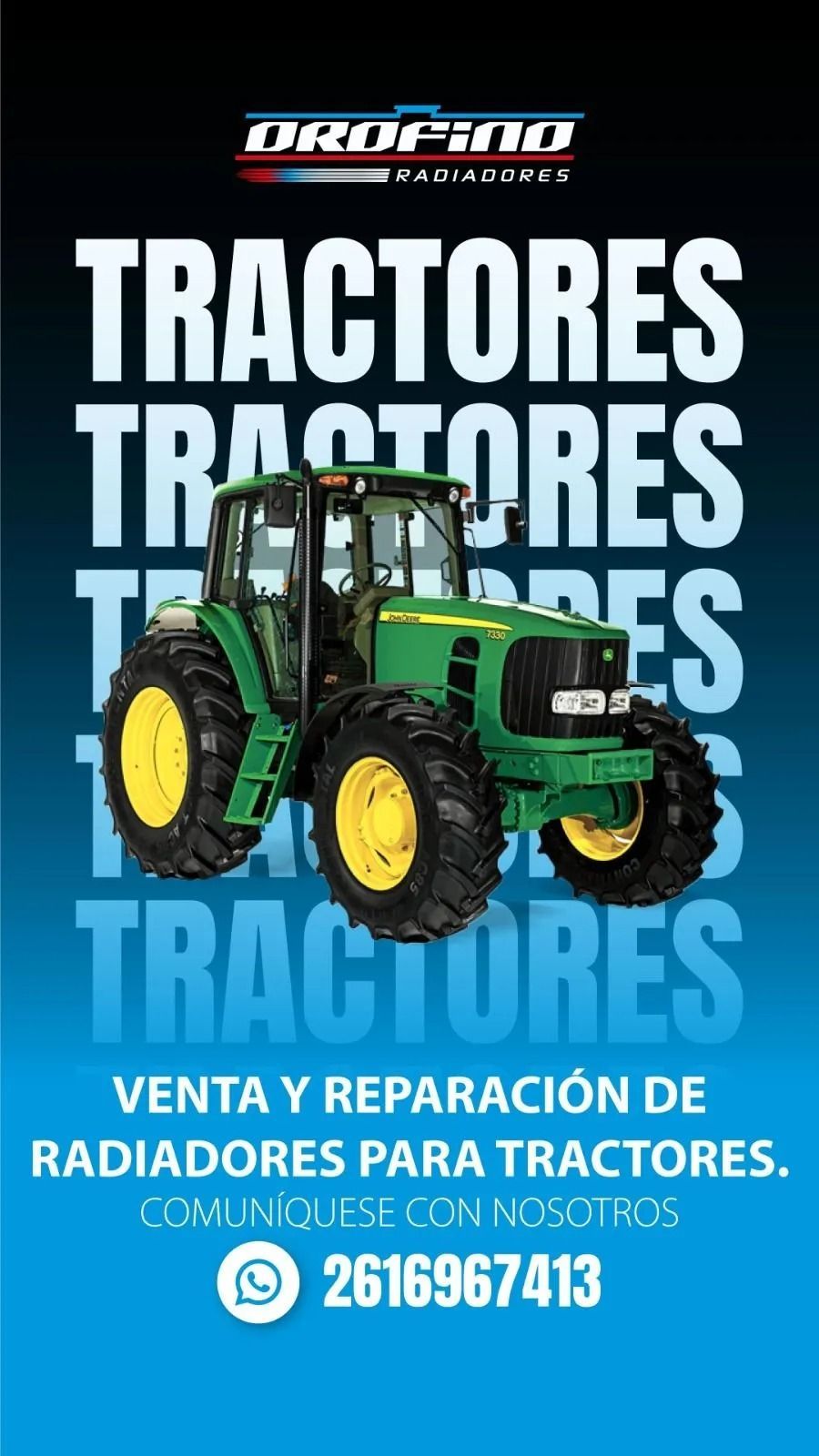 Anuncio de tractores verdes y amarillos con texto “TRACTORES” y servicio de venta y reparación de radiadores.