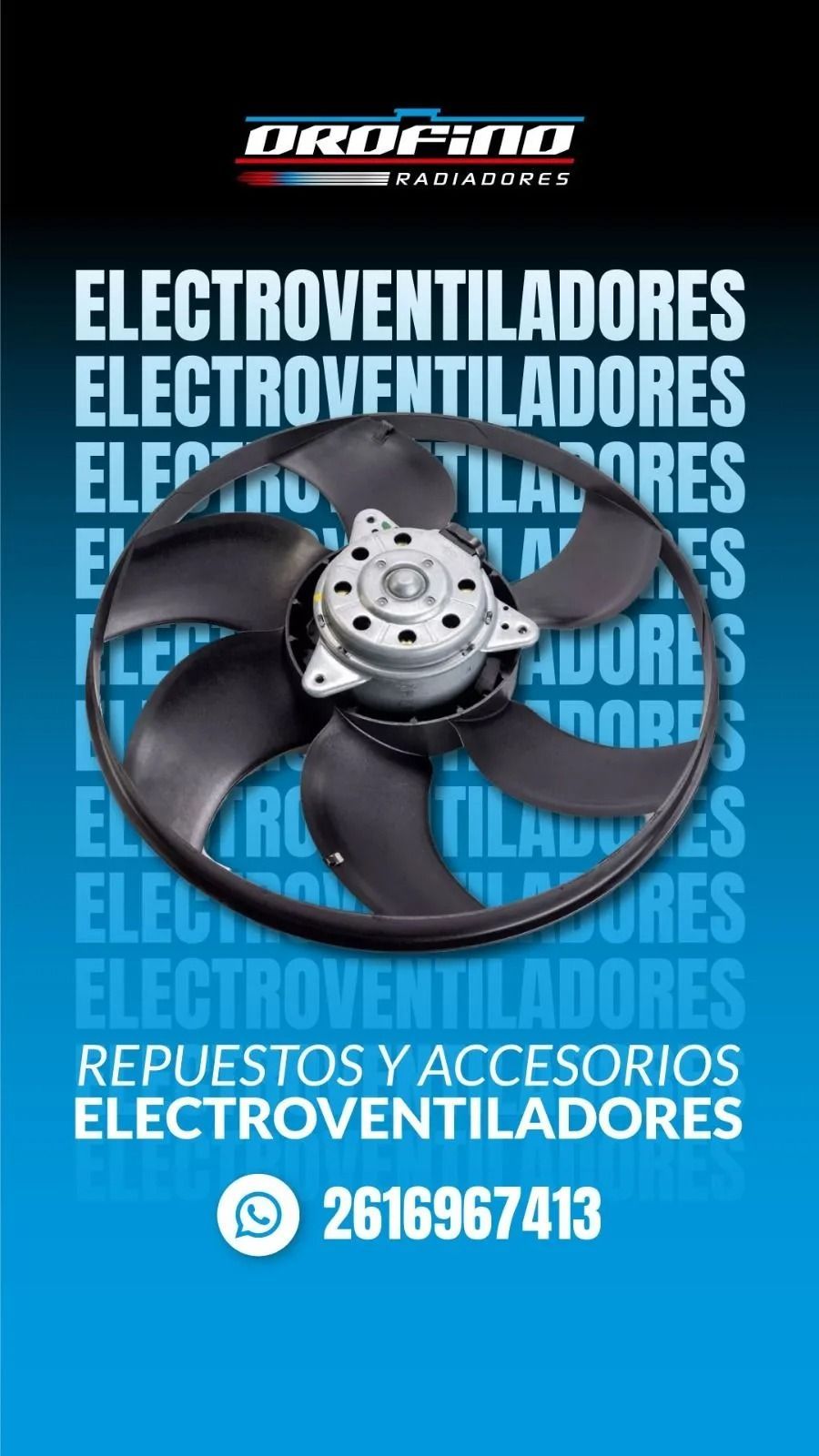 Anuncio azul de ventiladores eléctricos con foto del producto y texto “Electroventiladores” y “Repuestos y accesorios”.