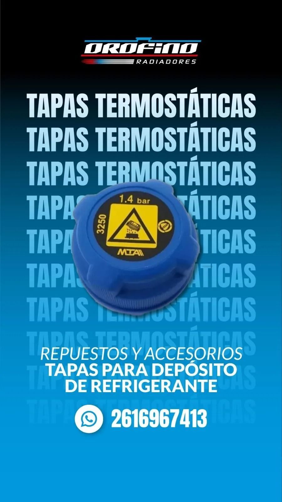 Anuncio azul de tapas termostáticas para radiador de refrigerante con texto promocional y teléfono.