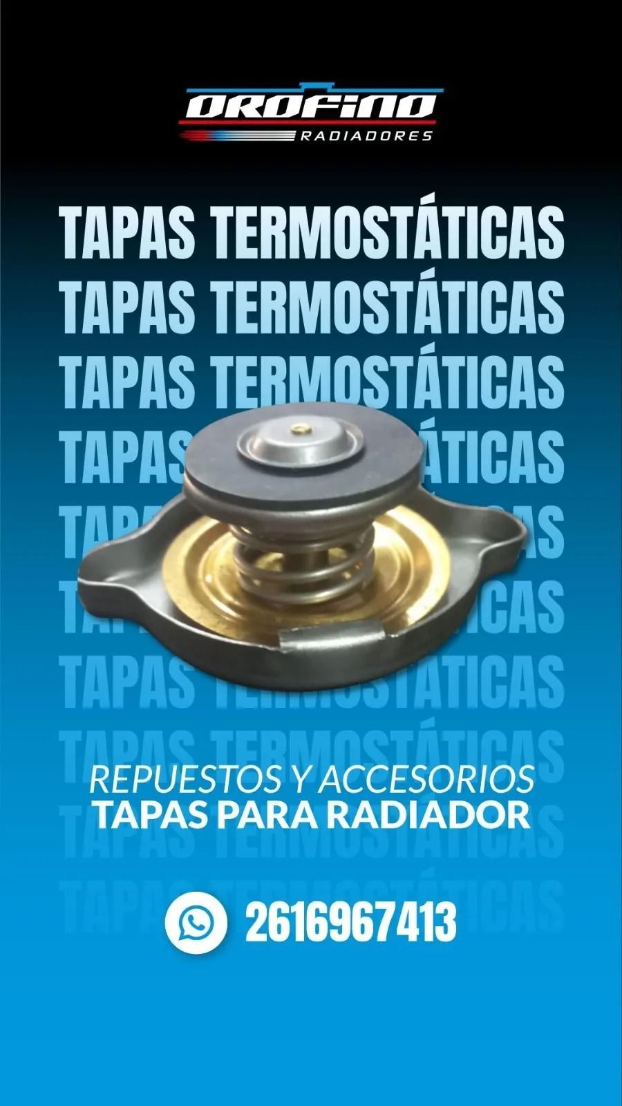 Tapón termostático de radiador, metálico, sobre fondo azul, con texto promocional y número de contacto.
