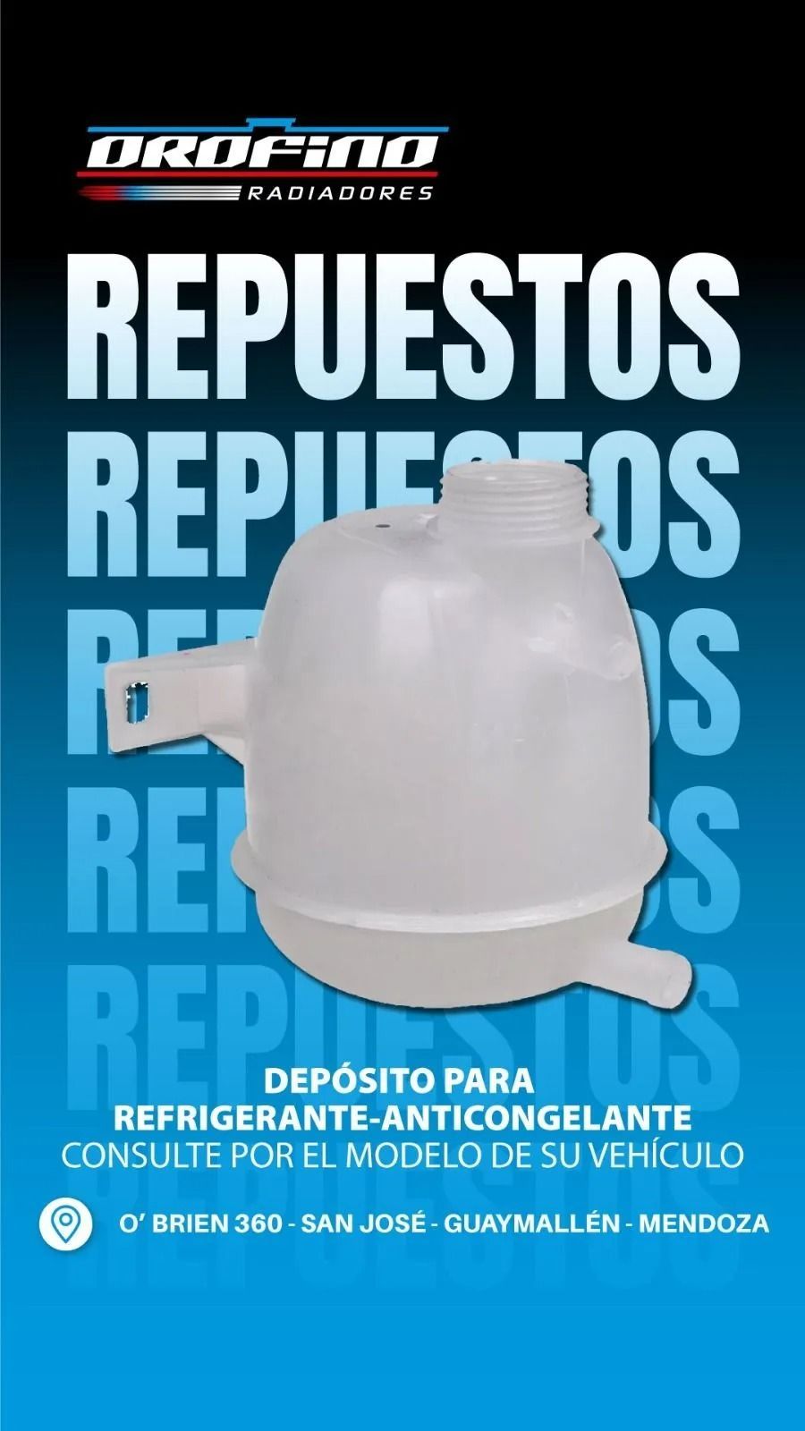 Publicidad de repuestos auto: depósito plástico blanco frente a fondo azul con texto “REPUESTOS” repetido.