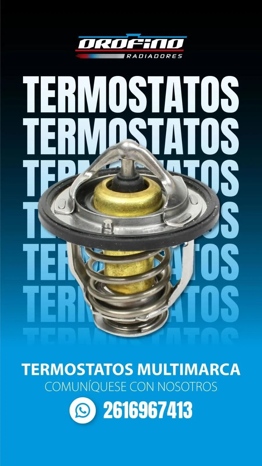 Cartel publicitario de termostatos, con un termostato metálico centrado sobre un fondo azul y un número de teléfono.