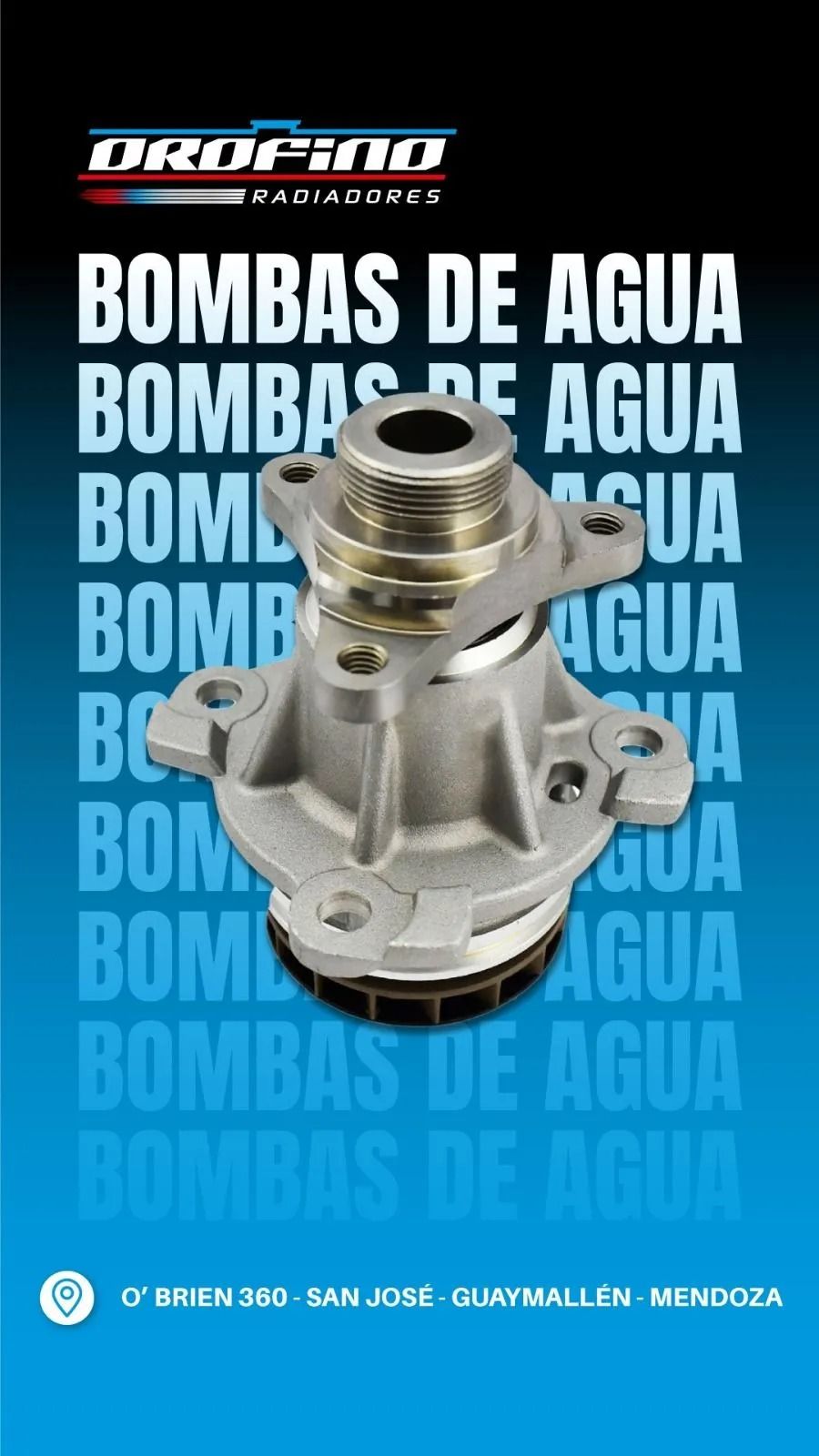 Cartel publicitario de Bombas de agua con una bomba de agua metálica sobre un fondo azul con texto repetido.