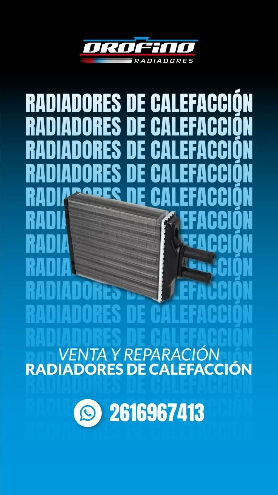 Publicidad azul de radiadores de calefacción, con un radiador metálico y teléfono de contacto en blanco.