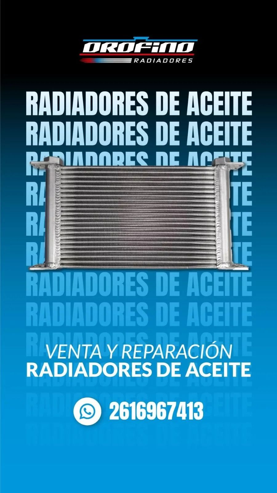 Anuncio azul de Dropro con texto sobre radiadores de aceite, venta y reparación, y número de contacto.